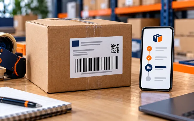 Paquete con etiqueta de código de barras y seguimiento de envío