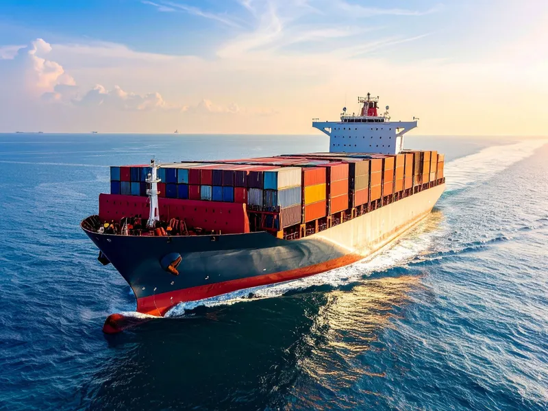 Buque cargero con contenedores en el mar, simbolizando los servicios de transporte marítimo y logística internacional de Caricoxpress.